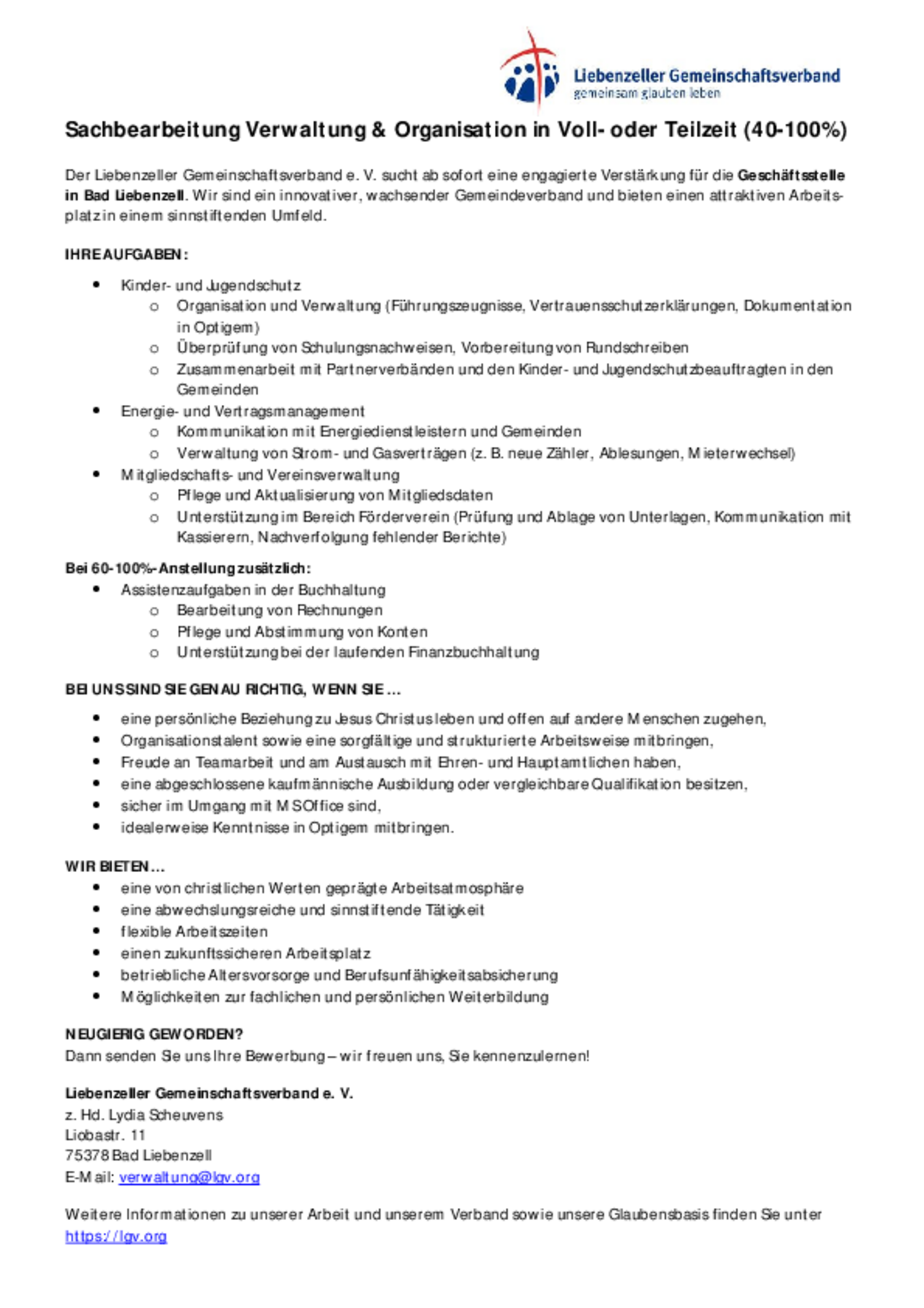 Stellenausschreibung Sachbearbeitung Verwaltung & Organisation in Voll- oder Teilzeit (40-100%) in Bad Liebenzell