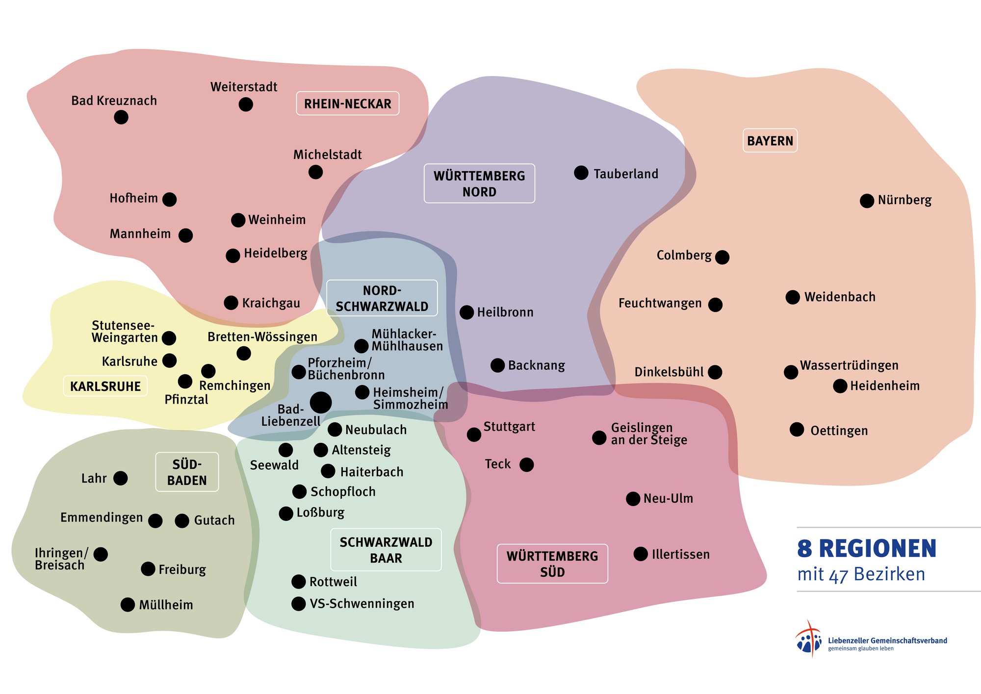 Übersicht über die 8 Regionen und Bezirke des LGV